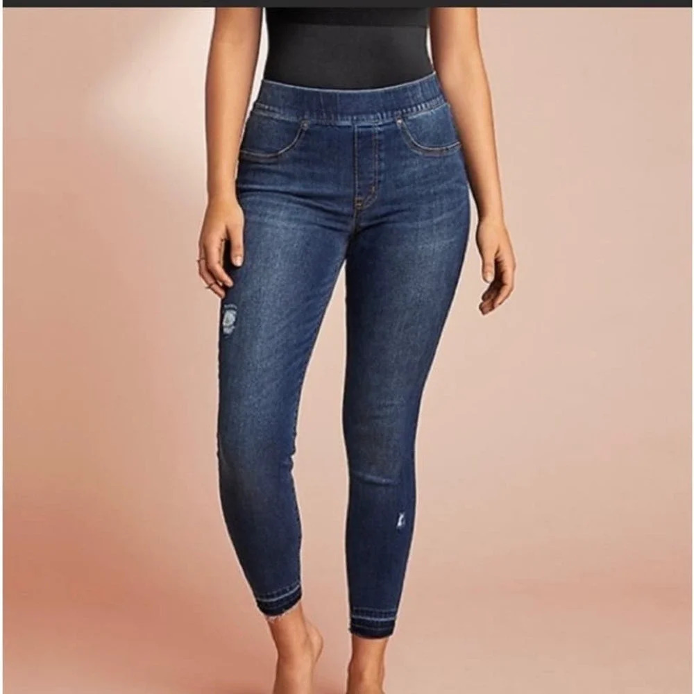 Spanx distressed ankle denim leggings release hem